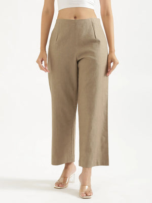 Women Khakhi Linen Blend Wide Leg Pant