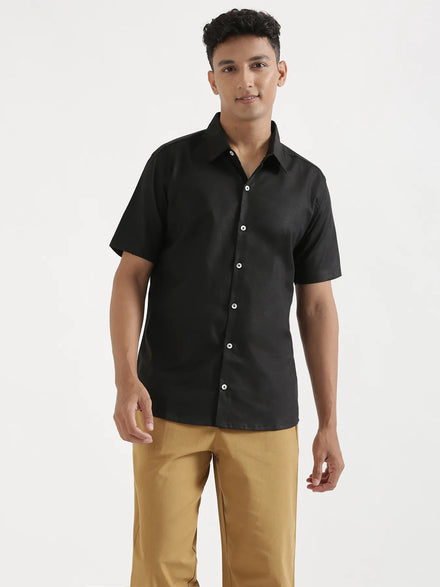 Men Black Linen Blend Short Sleeve Shirt