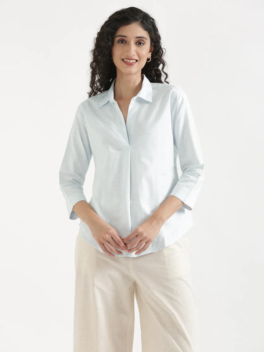 Women Powder Blue Linen Blend Pleated Top & Ecru Airy Linen Wide Leg Pants Pant Set