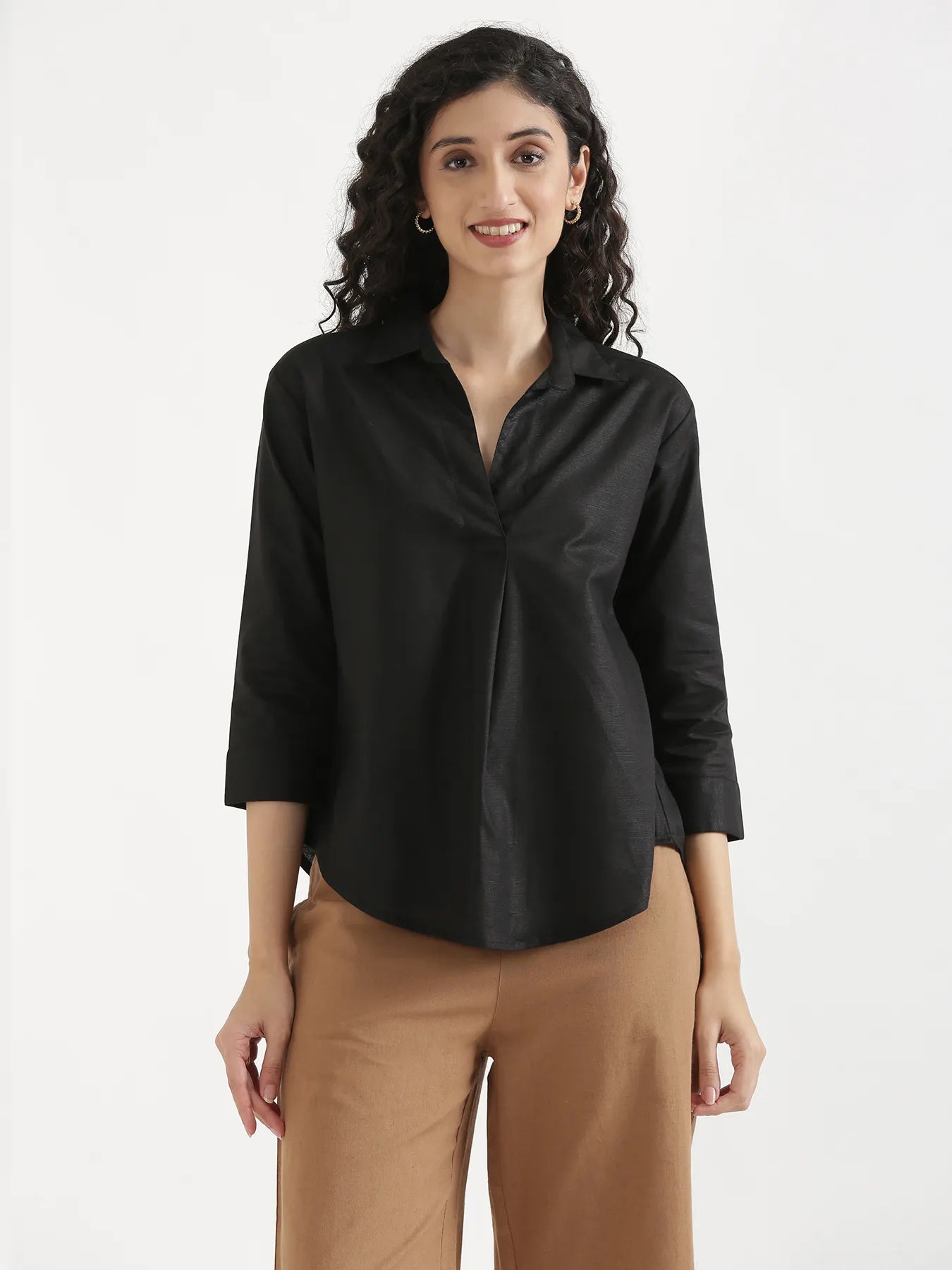 Women Black Linen Blend Pleated Top