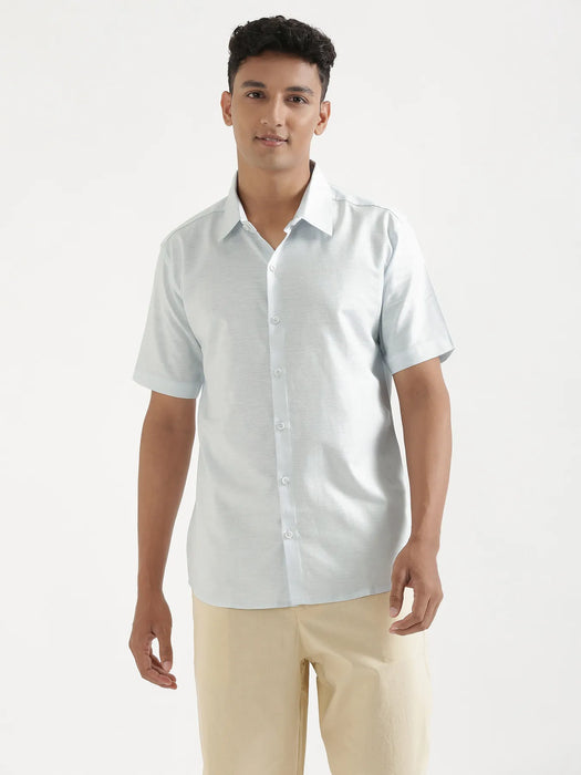 Men Powder Blue Linen Blend Short Sleeve Shirt & Beige Cotton Pant Set