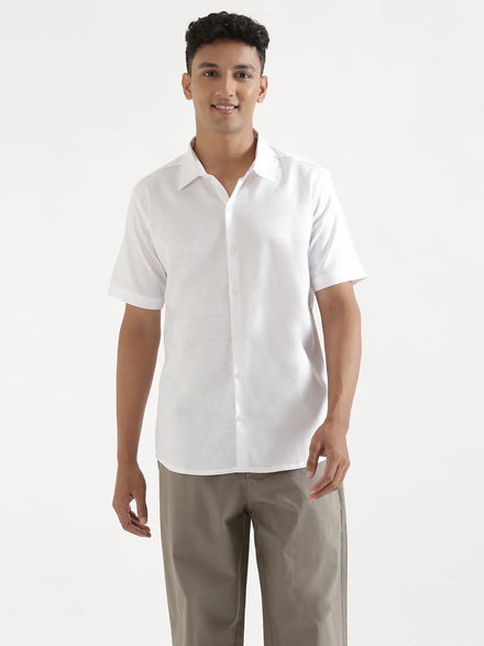 Men White Linen Blend Short Sleeve Shirt