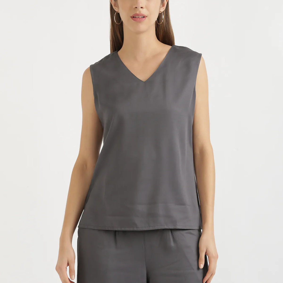 Women Grey V-Neck Sleeveless Top