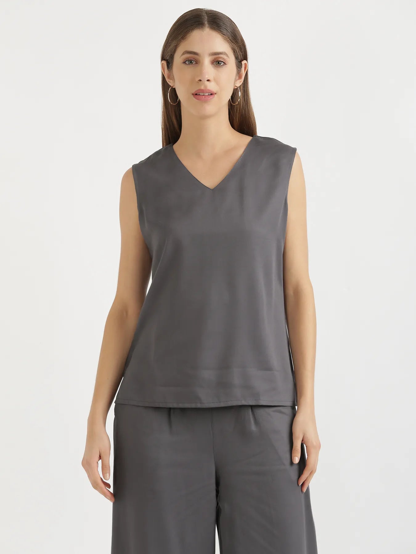 Women Grey V-Neck Sleeveless Top