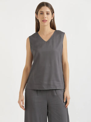 Women Grey V-Neck Sleeveless Top