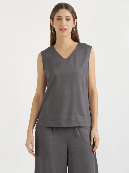 Women Grey V-Neck Sleeveless Top