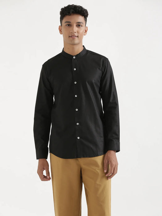 Men Black Linen Blend Mandarin Collar Shirt