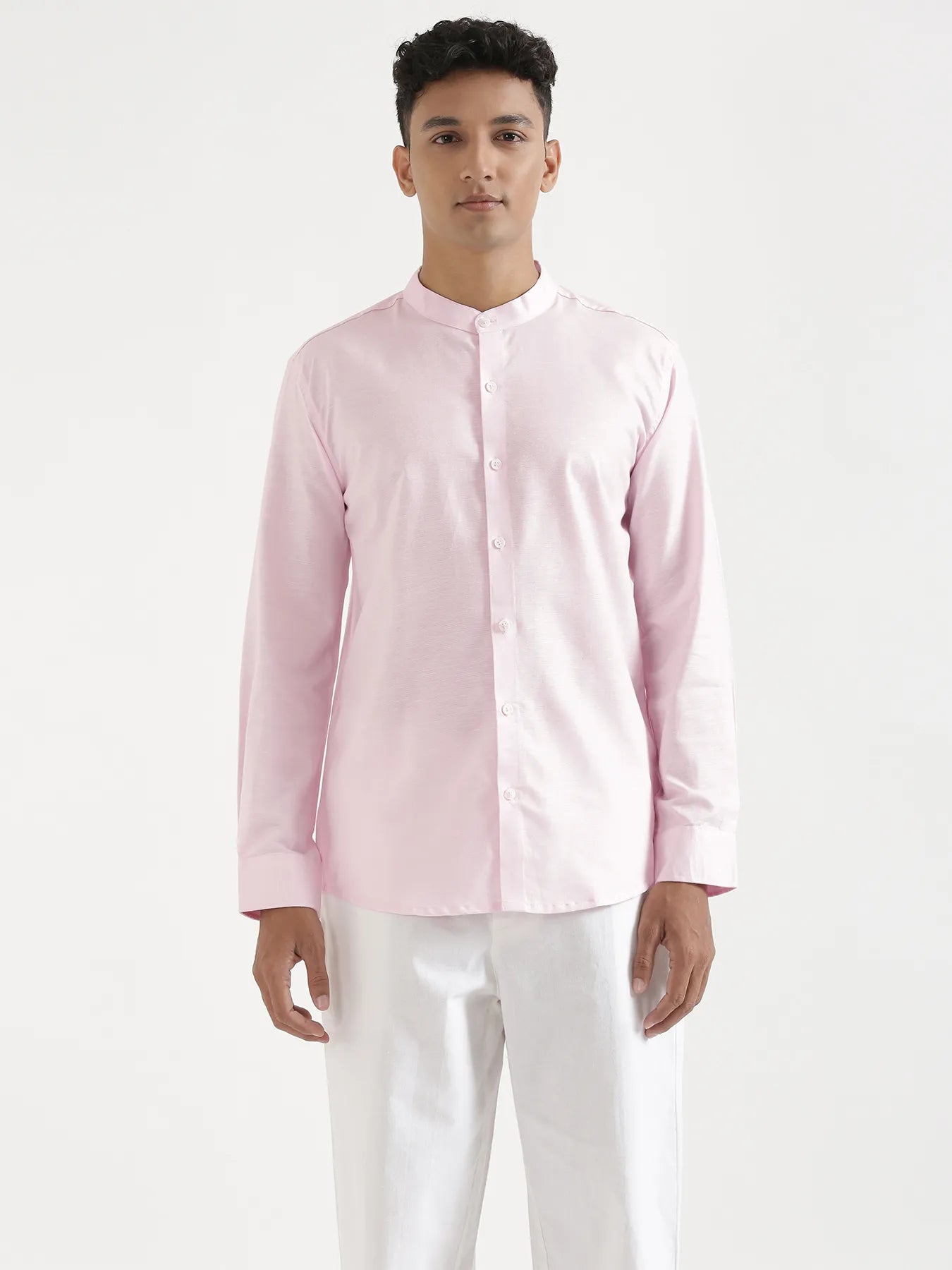 Men Blush Pink Linen Blend Mandarin Collar Shirt & White Cotton Pant Set