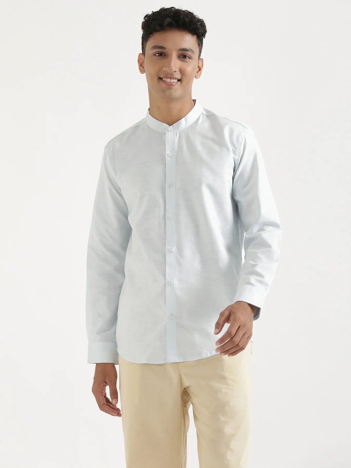 Men Powder Blue Linen Blend Mandarin Collar Shirt