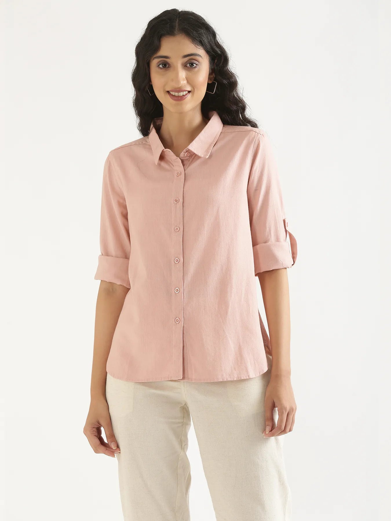 Women Salmon Pink Airy-Linen Shirt