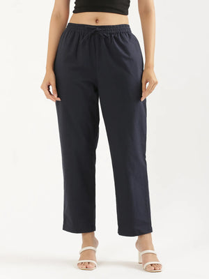 Women Navy Blue Cotton Straight Pant