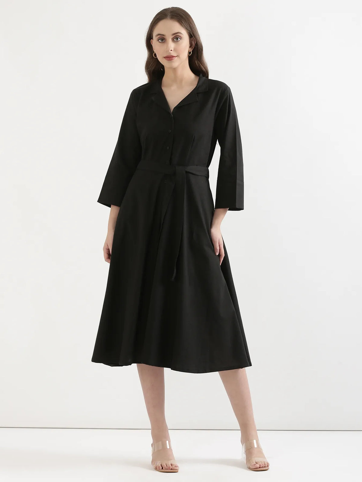 Pick Any 3 Women Airy Linen Flared Dress - Black