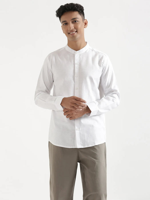 Men White Linen Blend Mandarin Collar Shirt