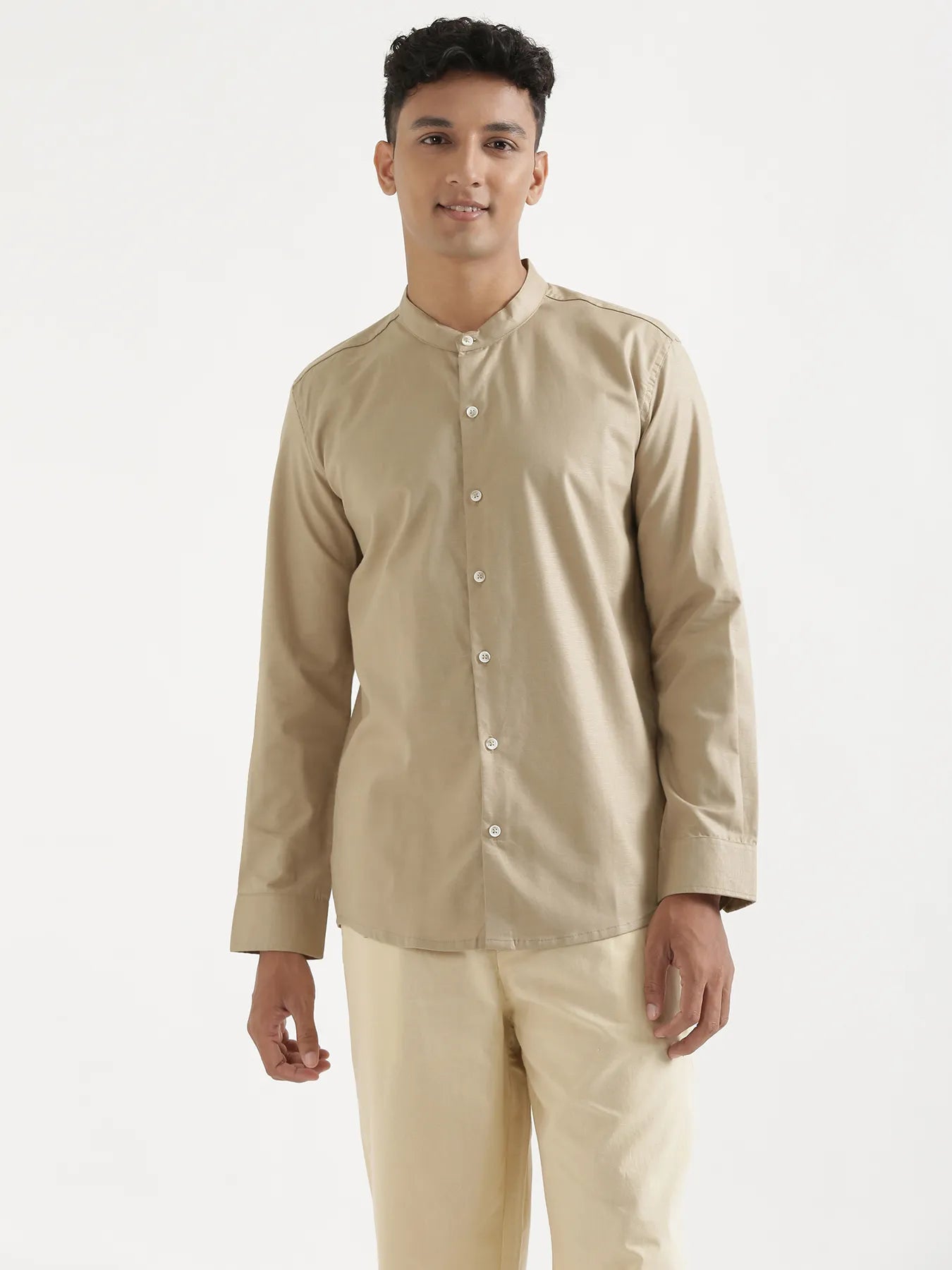 Men Taupe Linen Blend Mandarin Collar Shirt
