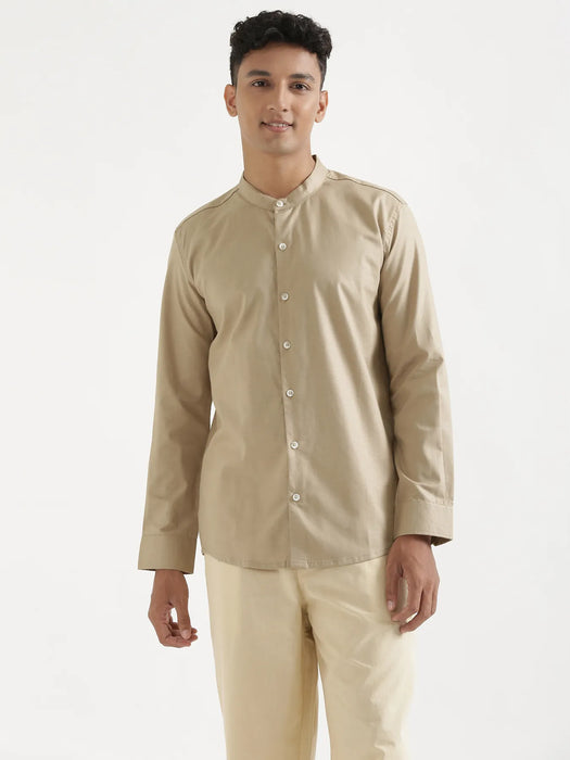 Men Taupe Linen Blend Mandarin Collar Shirt