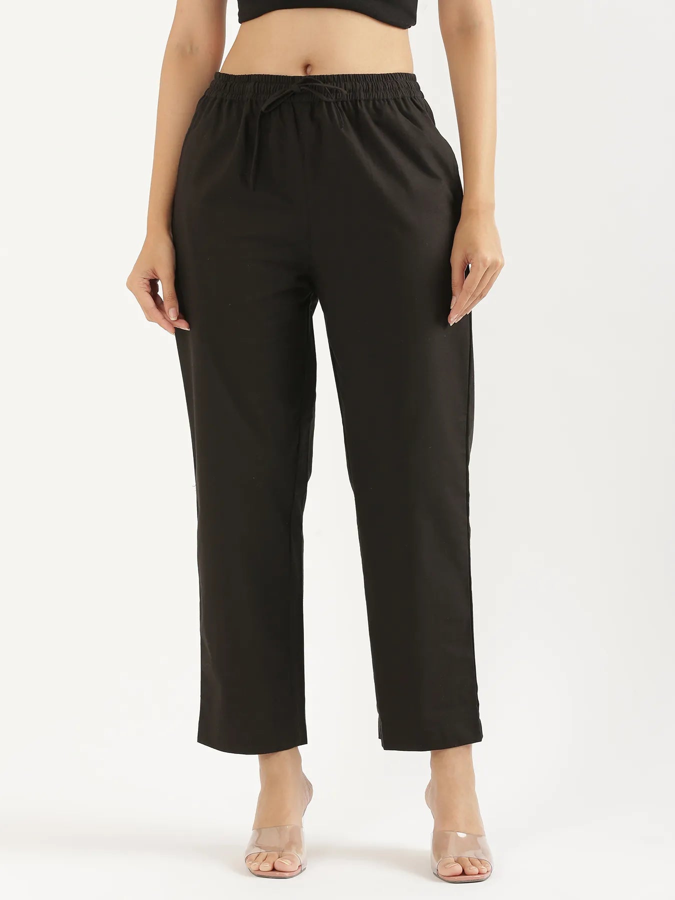 Women Black Cotton Straight Pant
