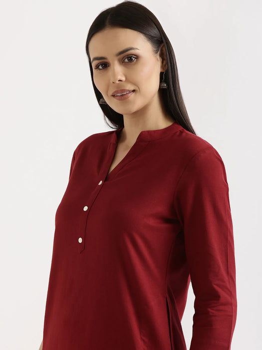 Women Maroon Airy Linen Long Kurta & White Viscose Palazzo Pant Set