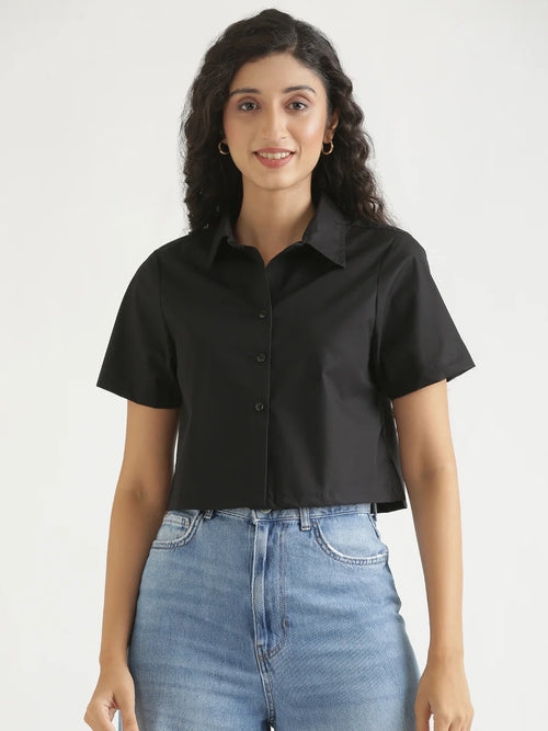 Women Black Better Cotton Crop Shirt