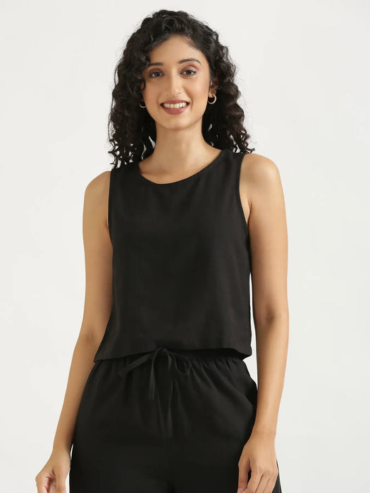 Women Black Flowy Linen Crop Top