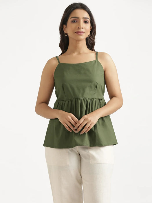 Women Forest Green Better Cotton Peplum Top & Ecru Airy Linen Straight Pant