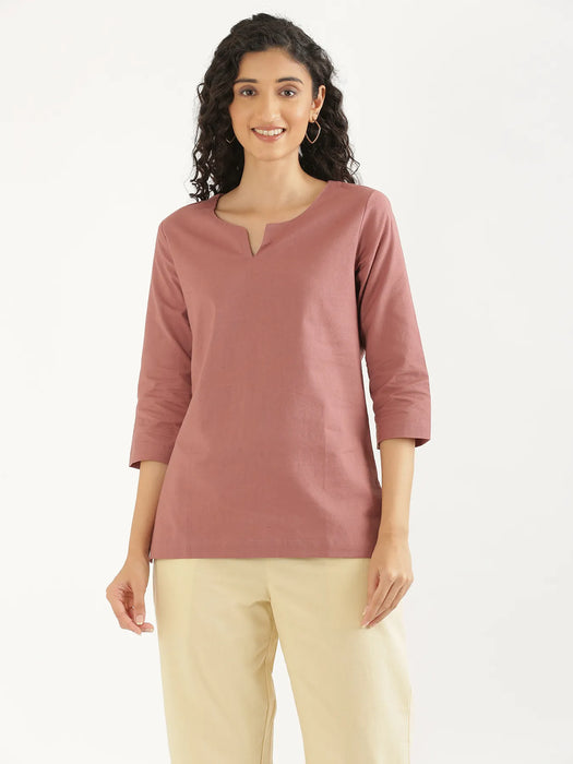 Women Rose Taupe Airy Linen Split Neck Short Kurta