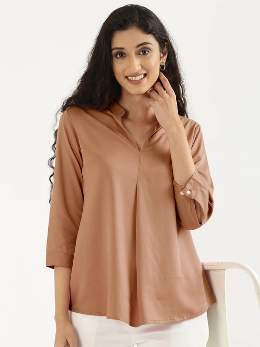 Women Mocha Mousse Viscose Pleated Top