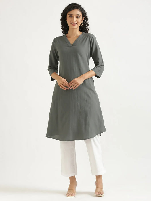 Women German Grey Flowy Linen A-Line Long Kurta