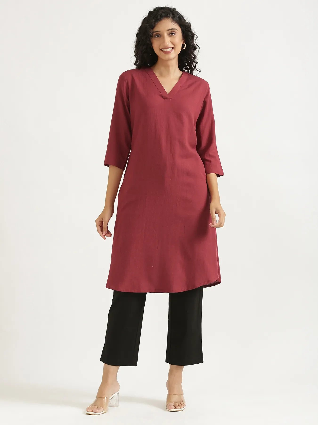 Women Maroon Flowy Linen A-Line Long Kurta
