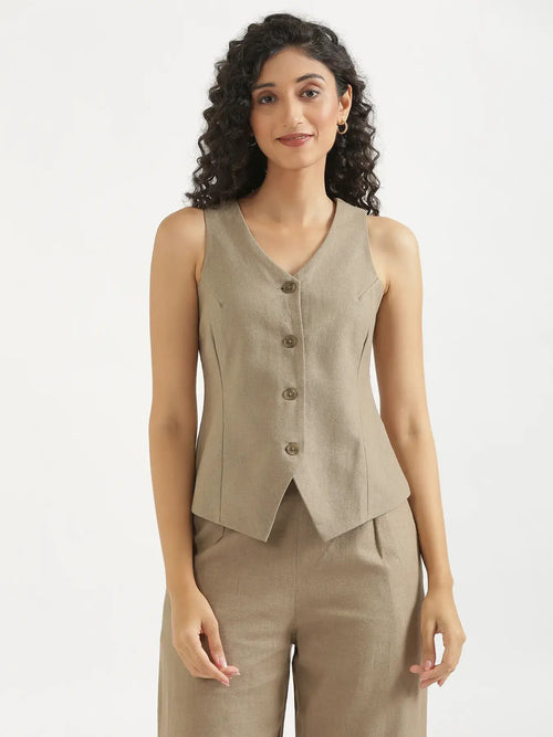 Women Khakhi Linen Blend Waist Coat