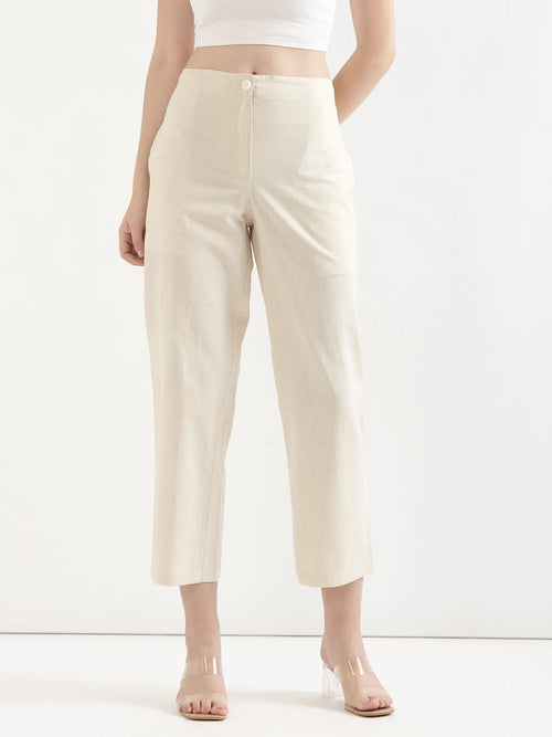 Women Ecru Airy Linen Straight Pants