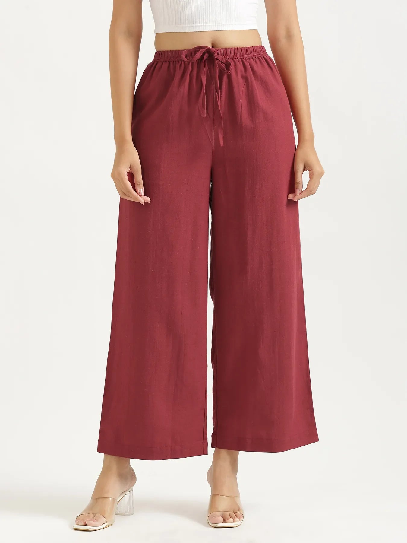 Women Maroon Flowy Linen Wide Leg Pants