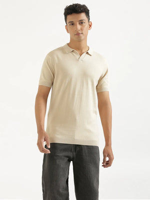 Men Beige Flat Knit Collared T-shirt