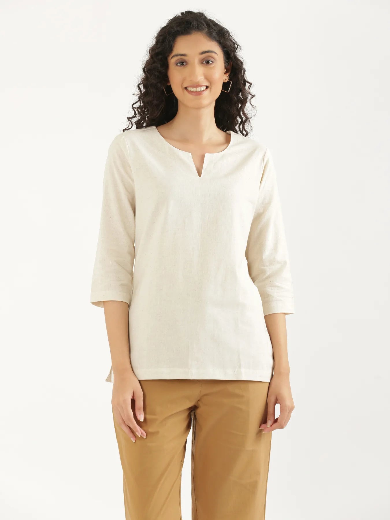Women Ecru Airy Linen Split Neck Short Kurta