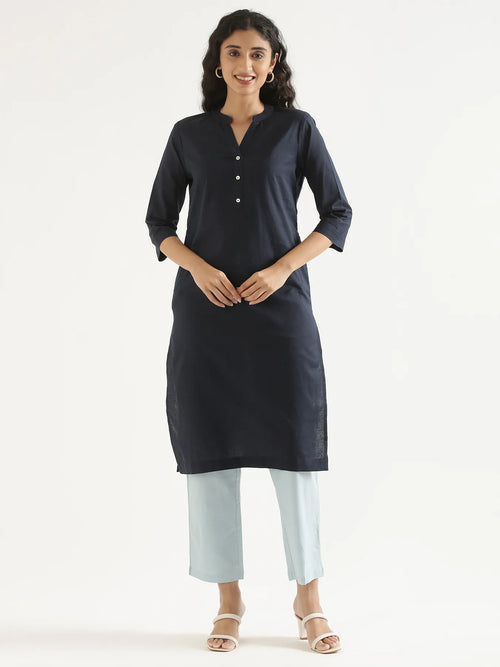 Women Navy Blue Airy Linen Long Kurta