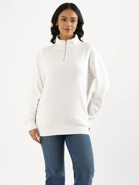 Unisex White Zip Neck Sweatshirt