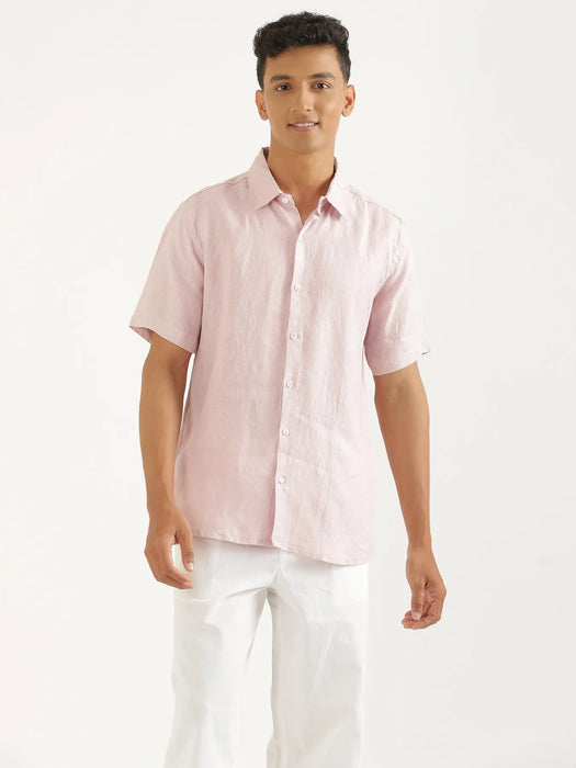 Men Light Pink Pure Linen Short Sleeve Shirt