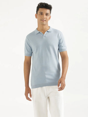 Men Light Blue Flat Knit Collared T-shirt