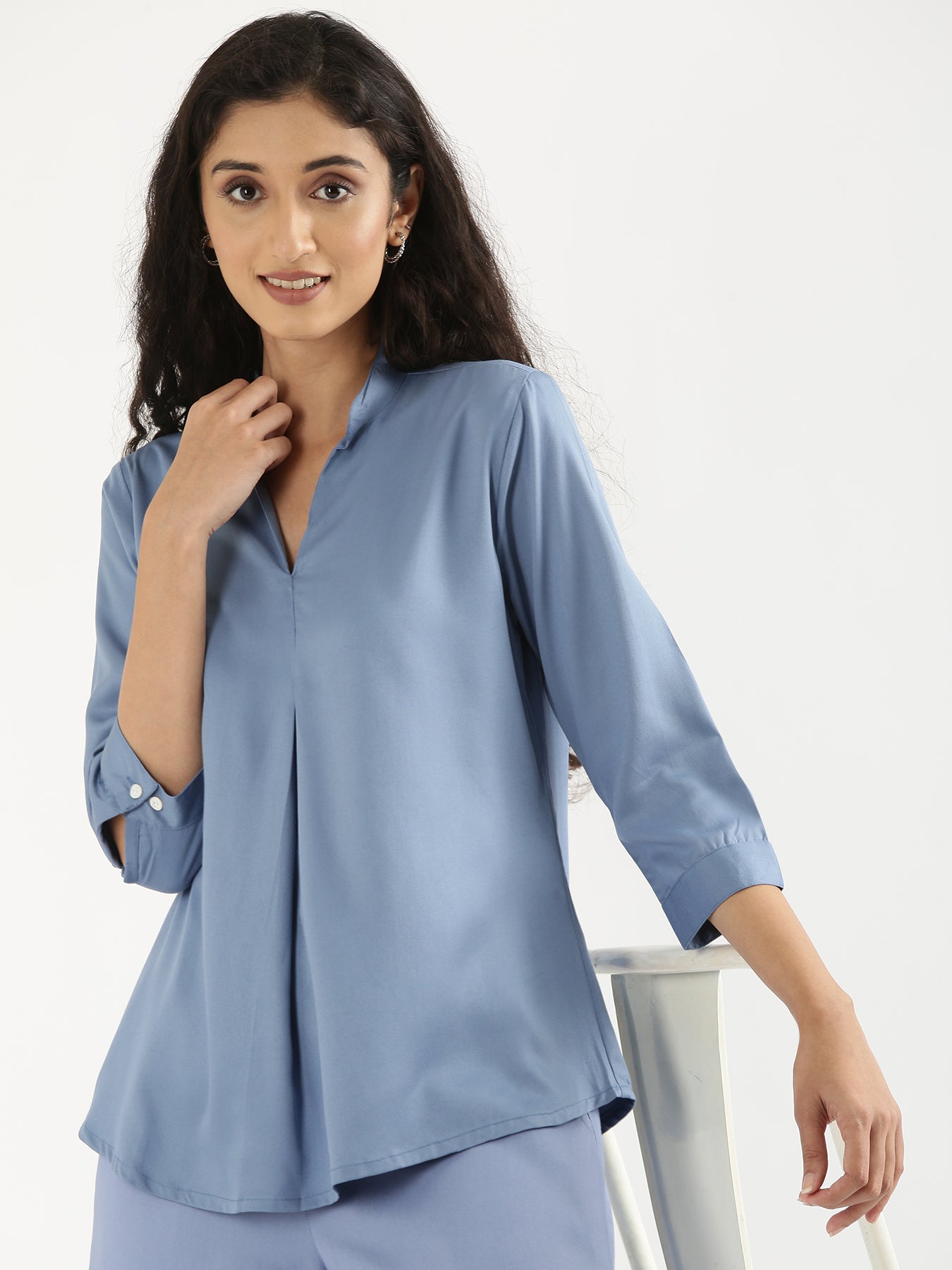 English Blue Viscose Pleated Top