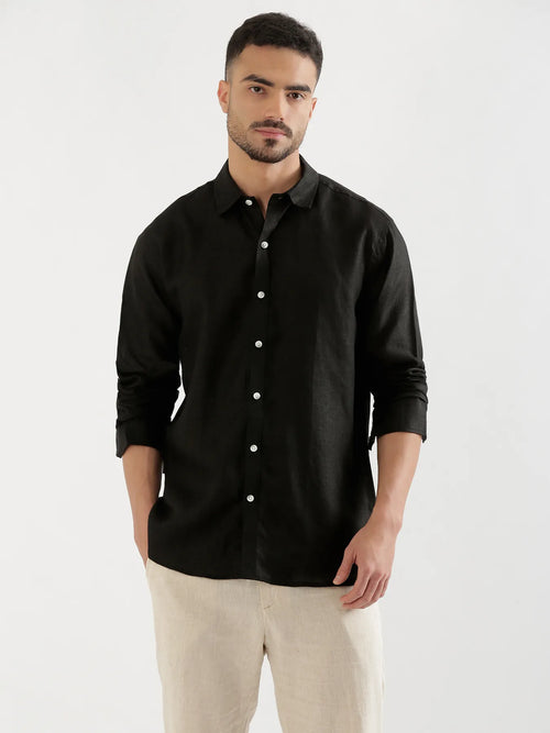 Men Black 100% Full Sleeve Linen Shirt