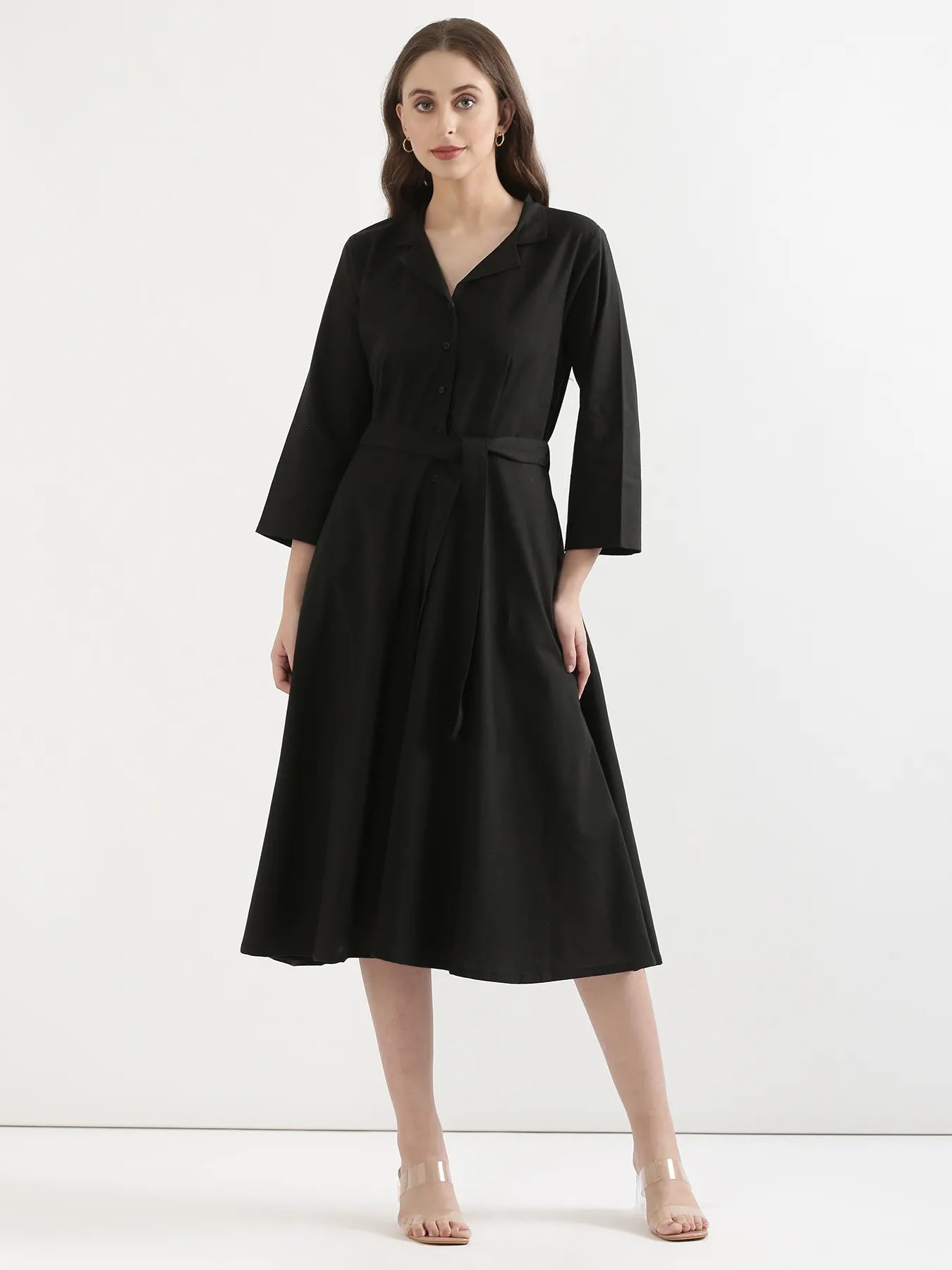 Women Black Airy Linen Flared Dress
