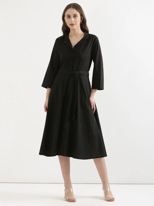 Women Black & White Airy Linen Flared Dress