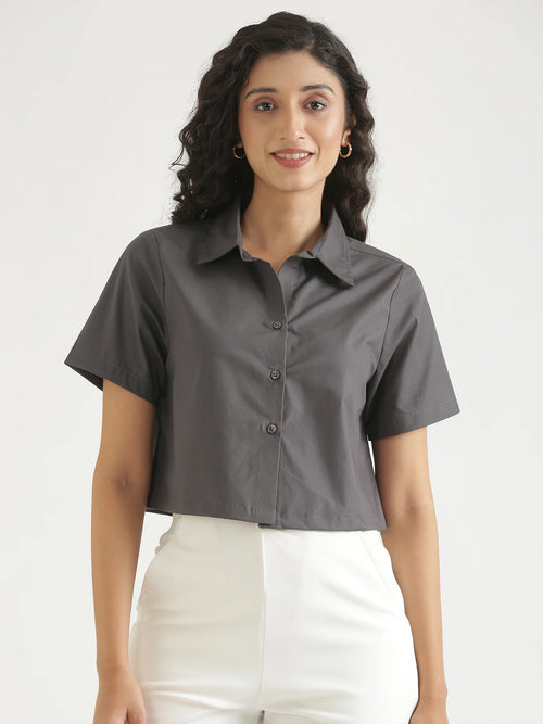 Women Dark Grey Better Cotton Crop Shirt