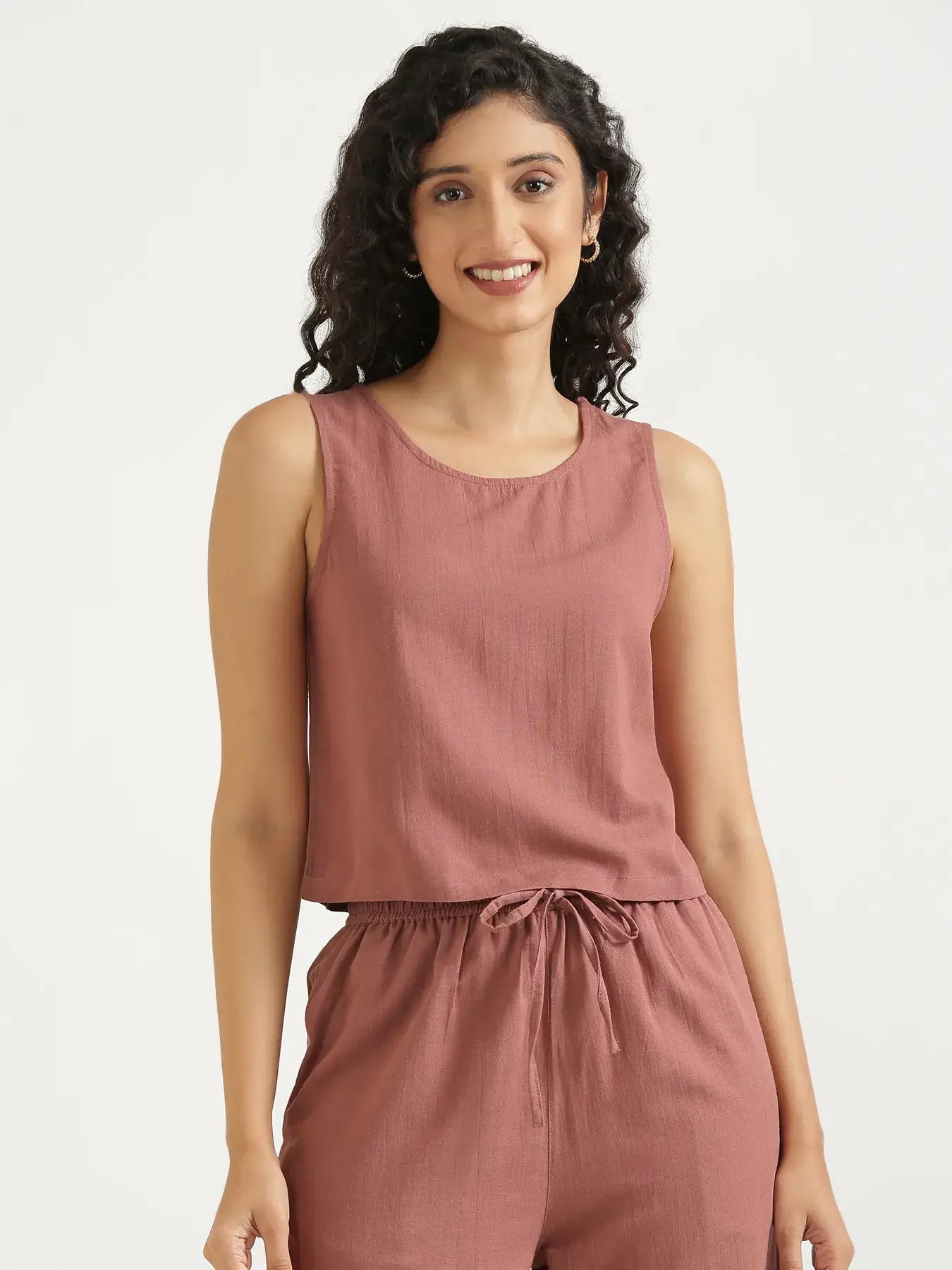 Women Rose Taupe Flowy Linen Crop Top