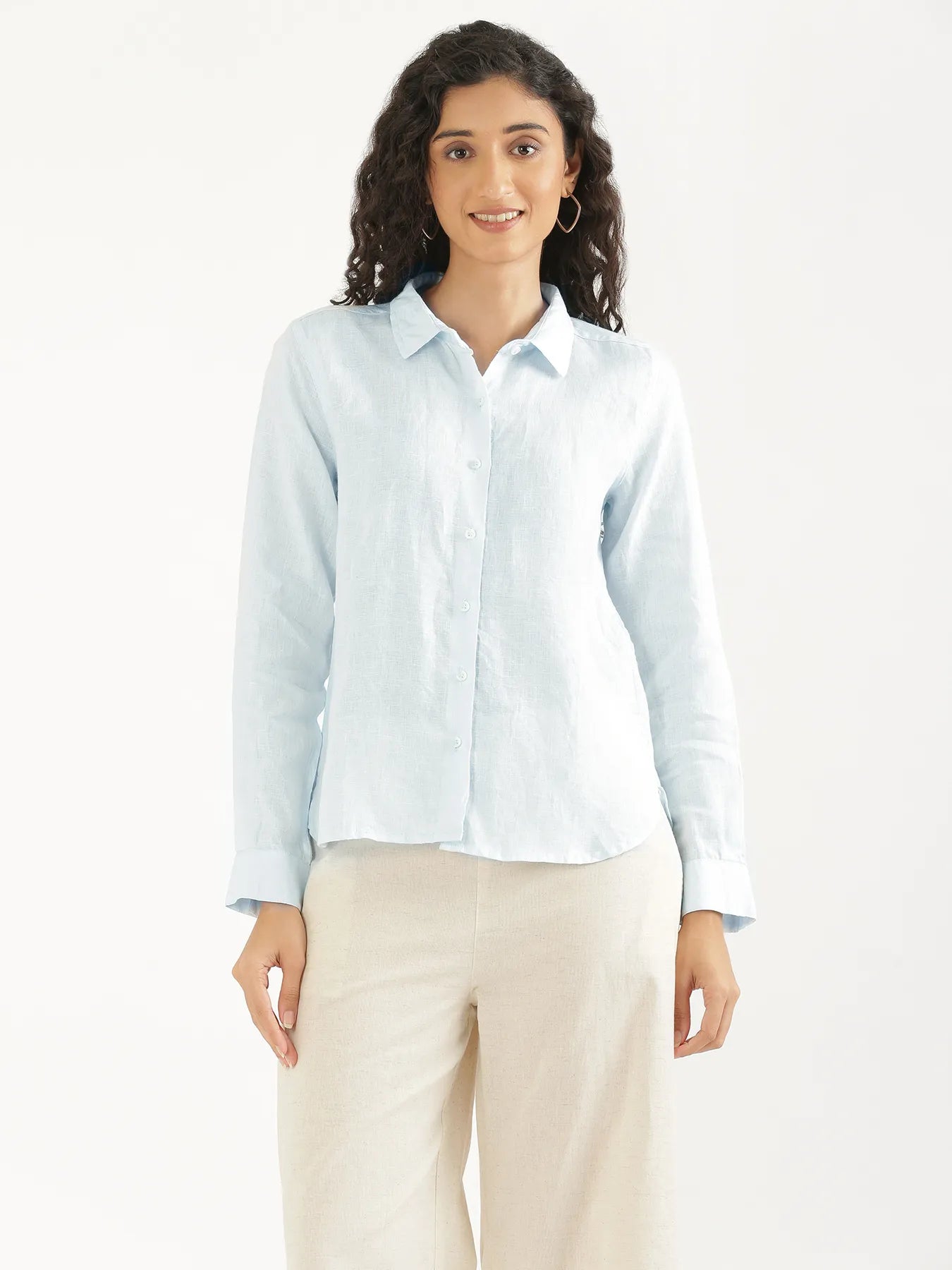 Women Light Blue Pure Linen Shirt