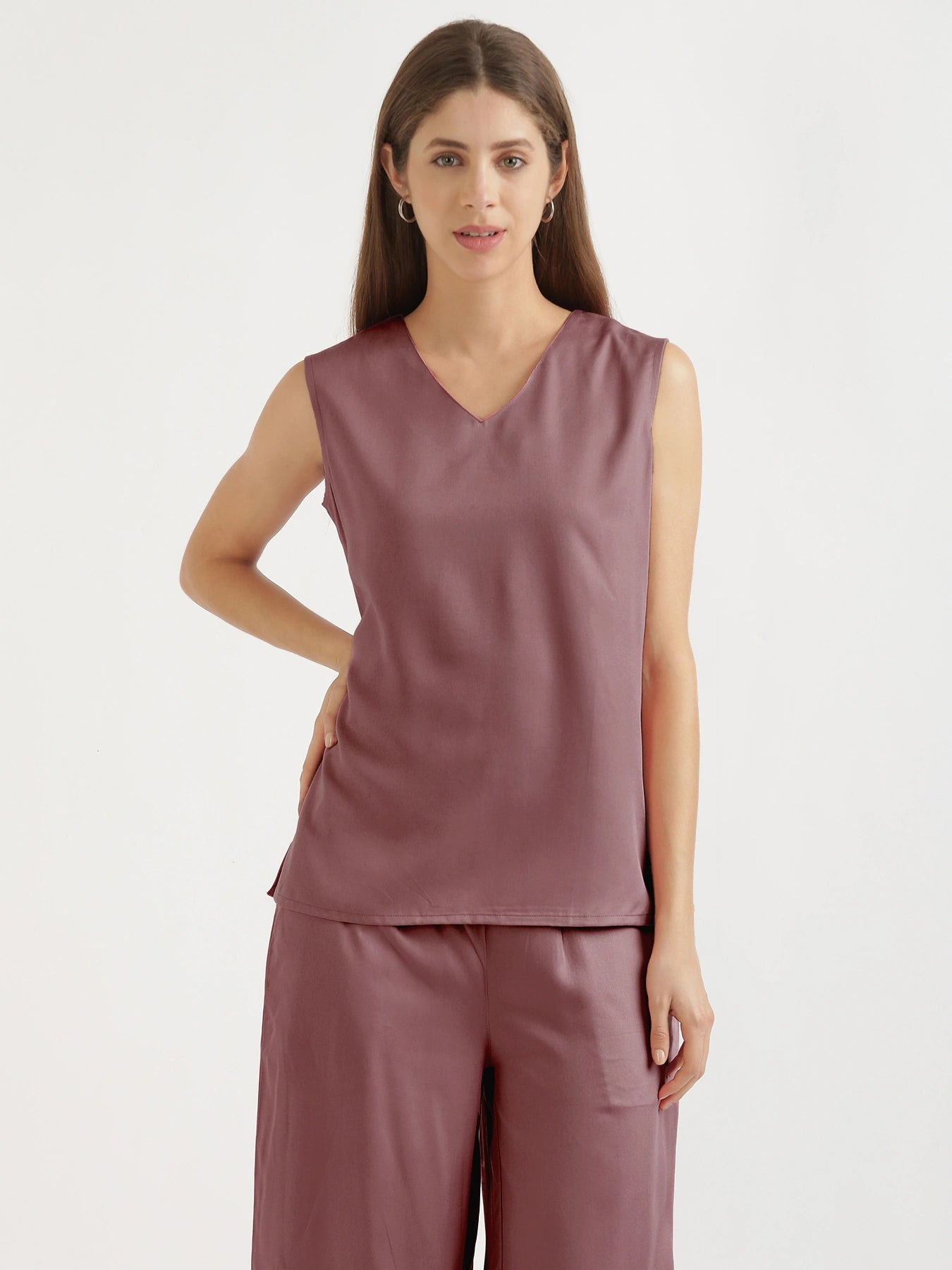 Women Rose Taupe V-Neck Sleeveless Top