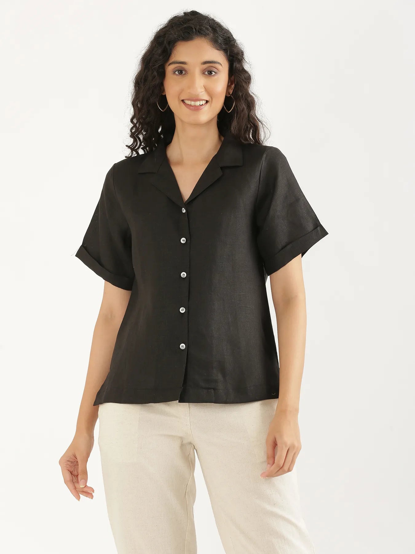 Women Black Pure Linen Notch Collar Shirt