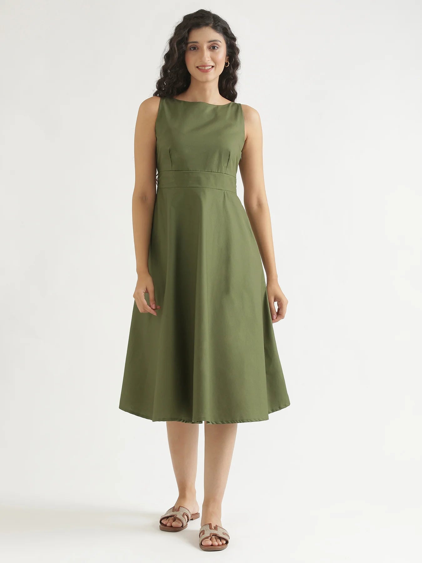 Women Forest Green Better Cotton Flared Dress