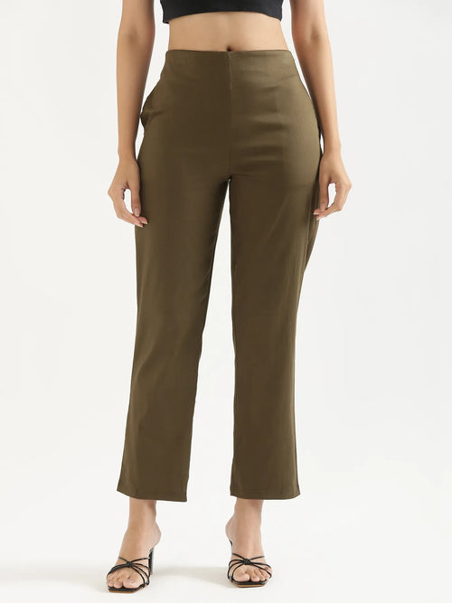 Women Olive Green Straight Fit Formal Pants
