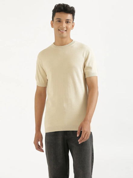 Men Beige Flat Knit Round Neck T-shirt