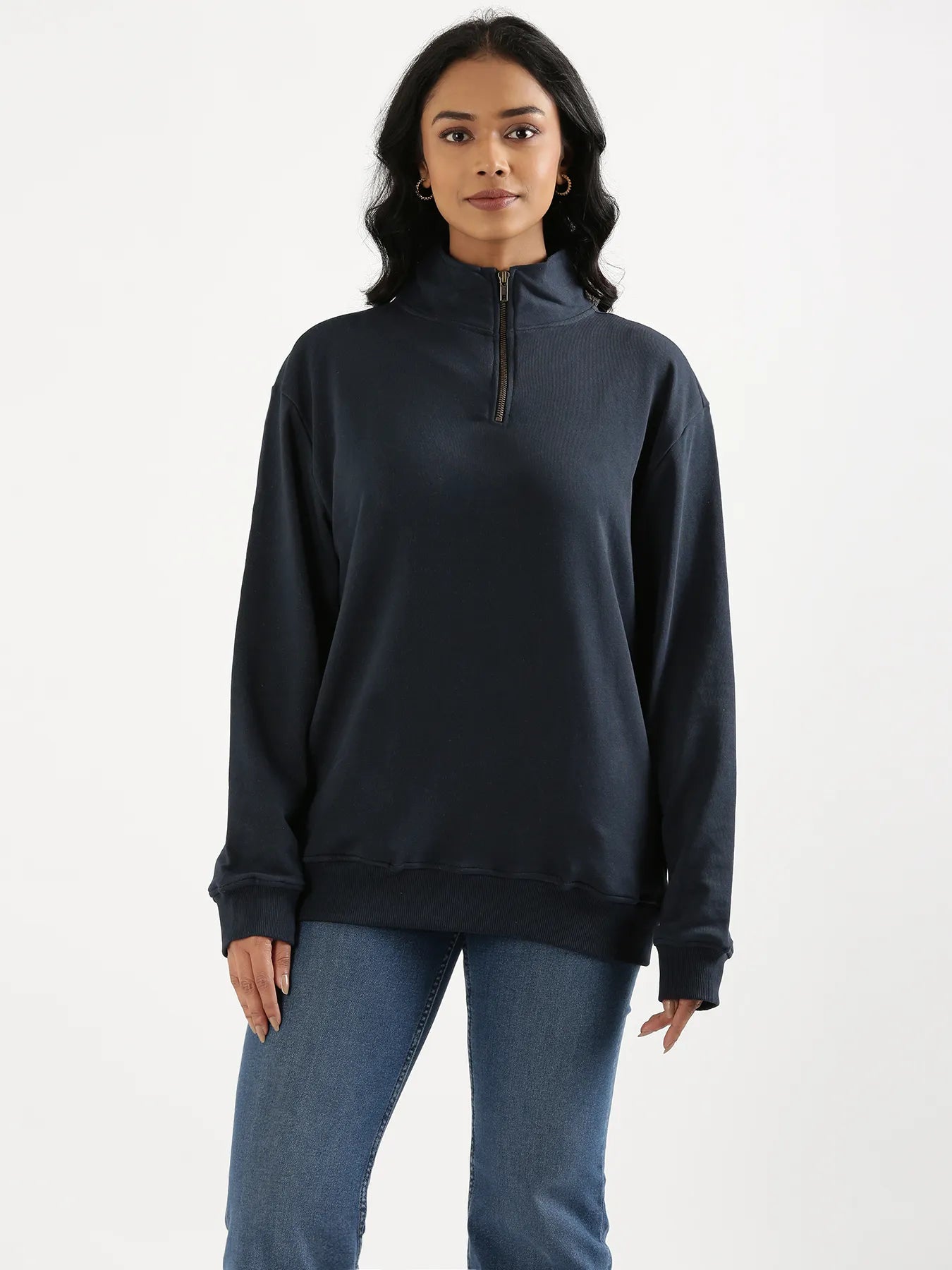 Unisex Navy Blue Zip Neck Sweatshirt